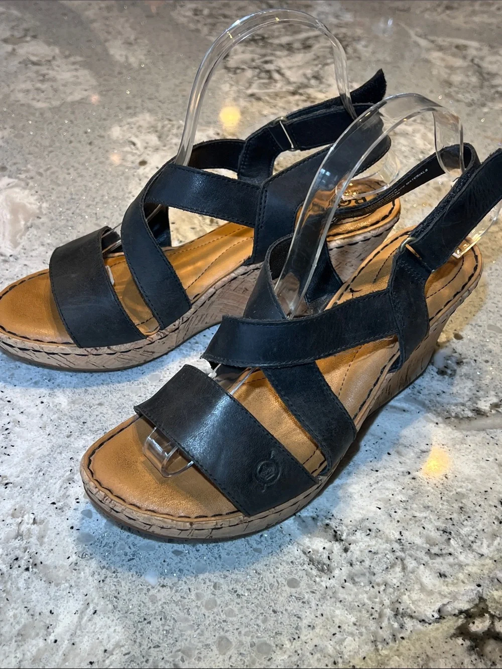 Børn Seashell Black Leather Cork Wedge Sandals Size 9 EUC